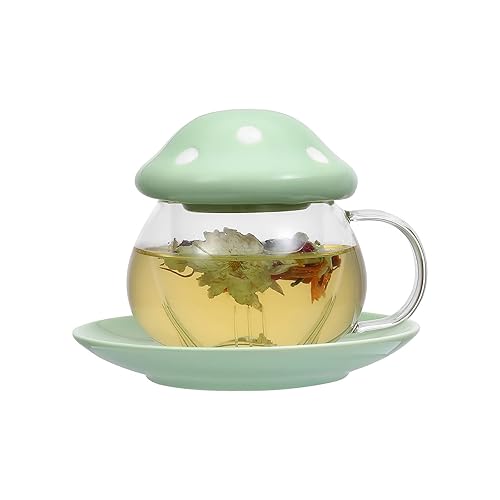 Digoon Mushroom Cup Glass Tea Cup with Lid Tray Strainer Filter Infuser for Loose Leaf Tea Cute Tea Mug in Color Printing Gift Box 11oz (Green) - Green