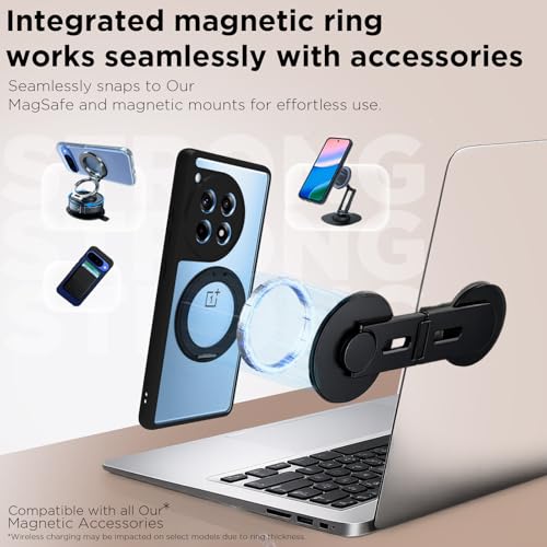 Image of RIGGEAR Shockproof Sleek Hybrid Armor 360 Rotating Magnetic Ring Stand Back Cover Case Compatible with MagSafe Accessories for OnePlus 12R (Clear PC + Black TPU Bumper)