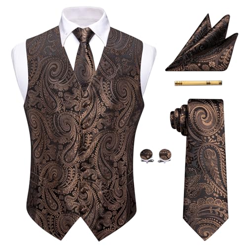 YourTies Viktorianische Herren-Weste, Krawatte, Seide, Paisleymuster, Anzugweste, formelle Weste, Gothic, Steampunk-Weste mit gekerbtem Revers, Braun-1, XX-Large