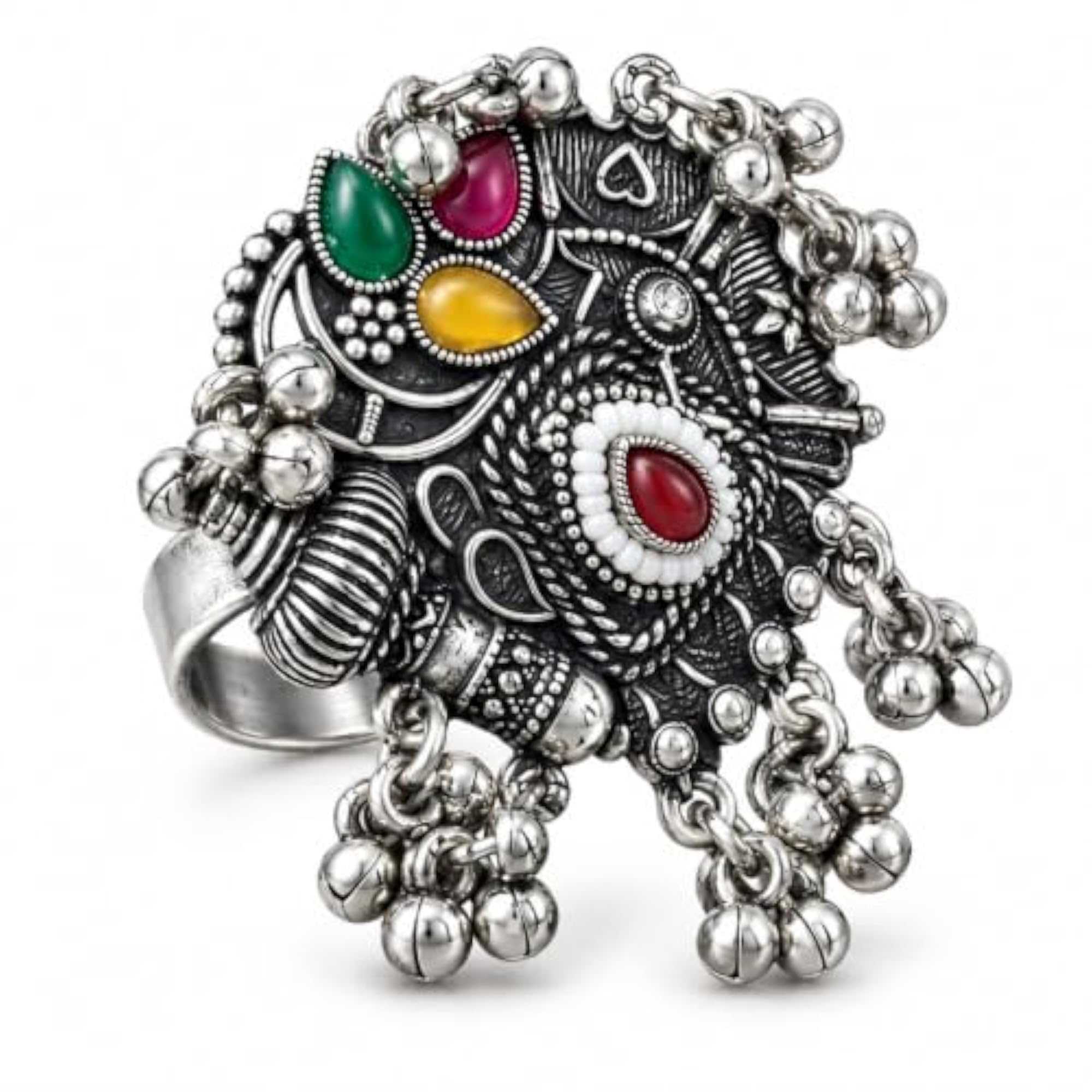 Charming Oxidised Silver Multicolour Stone Studded Statement Ring