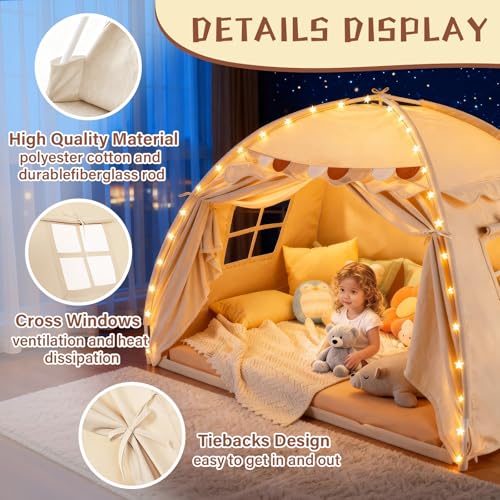Dayacoco Bed Tent Twin for Kids, Toddler Bed Tent Indoor, Bed Canopy for Girl with Flags & Star Lights, Portable & Foldable Teepee Playhouse Outdoor, 78.7x39.4x47.2in, Cream