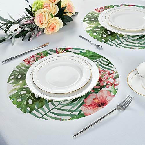 Kaariok Watercolor Flower Palm Tropical Green Leaf Pink Floral Round Placemats For Dining Table Set Of 4 Non Slip Place Mats For Kitchen Table #TOP5