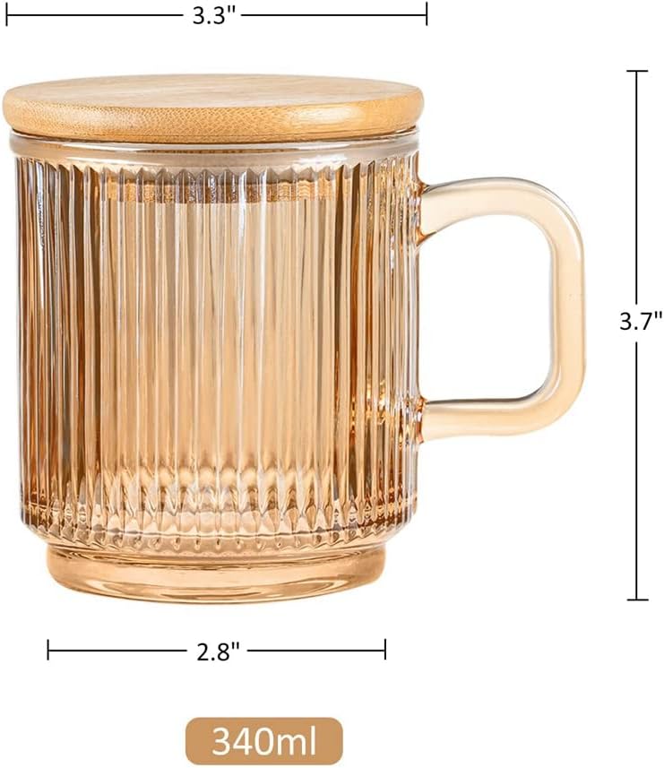2Pc Glass Coffee Cup with Lid Glass Coffee Mugs Ribbed Coffee Glasses with Handle for Latte Cappuccino Tea Milk B