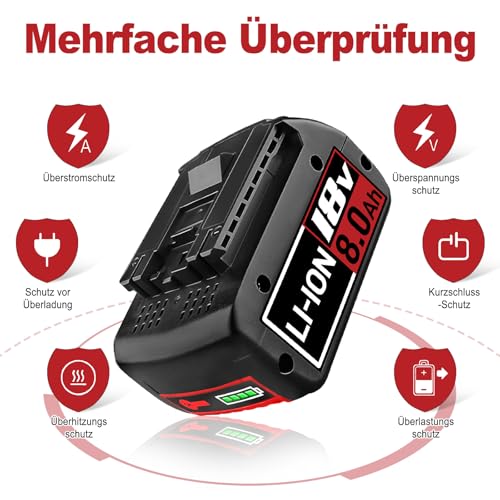 4 Stück18V 8.0AH Li-Ion Ersatzakku für Bosch 18V Akku Lithium Akku Kompatibel mit Bosch 18V Serie BAT609 BAT618 BAT618G BAT609G BAT619 BAT619G BAT610G mit LED – Bild 6