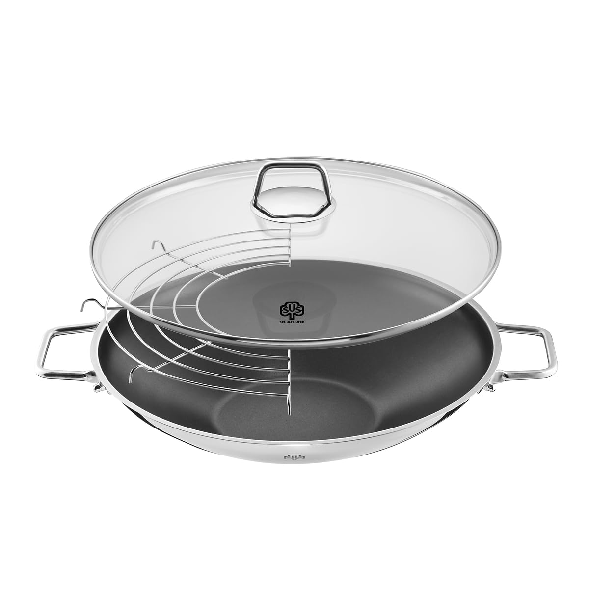 Schulte-Ufer 66520-34 Wok Wega beschichtet, inkl. Zubehör, 34 cm, 4,50 l, Antihaft, Schwarz