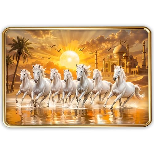 Image of Vastu 7 Seven Running Horse Photo Frame, Golden Slim Frame, Sparkle Coated Lamination, 30x45 cm (Design 11)