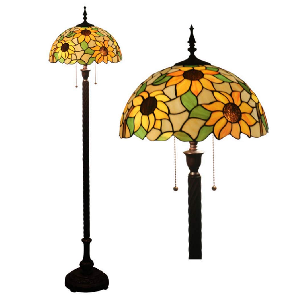 IUokLU Tiffany Style Standing Lamp Pastoral Sun Flower Stained Glass Floor Lamp with 16 Inch Double Zipper Switch Reading Floor Lamps for Living Room Bedroom Lighting,E27*2,B,16inch (A 16inch)