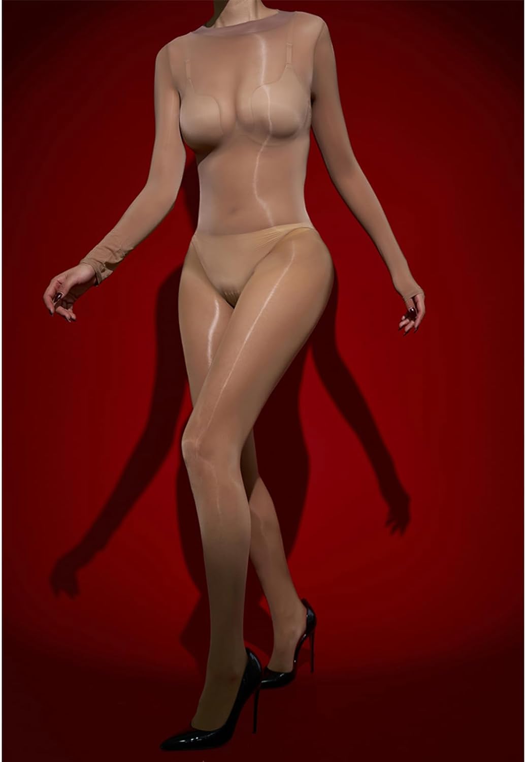 Women's Oil BodyStockings Shiny Full Body Tights 8D Sheer Neck Nylon Catsuit Shimmer Bodysuit - Image 3