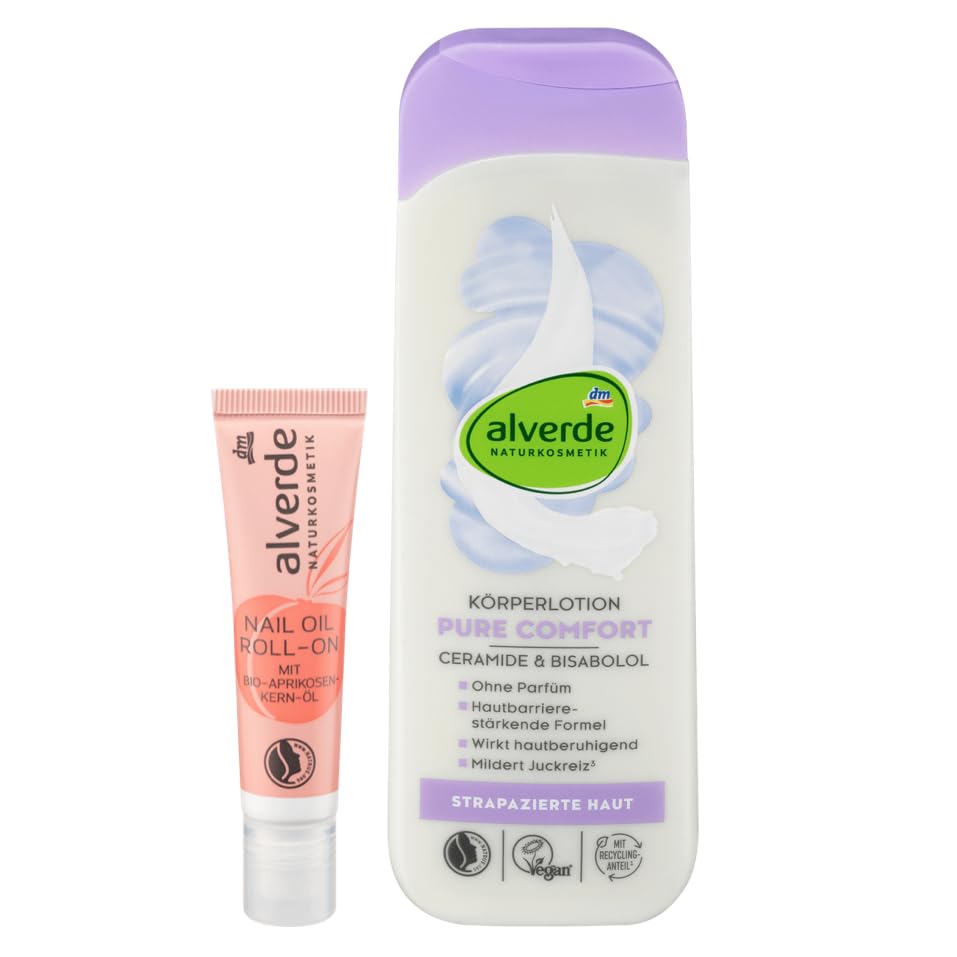 alverde NATURKOSMETIK 2er-Set Hautpflege: Nagelöl NAIL OIL ROLL-ON pflegt Nägel & Nagelhaut, leicht aufzutragen, zieht schnell ein, 15 ml + Körperlotion PURE COMFORT hautberuhigend, 250 ml (265 ml)