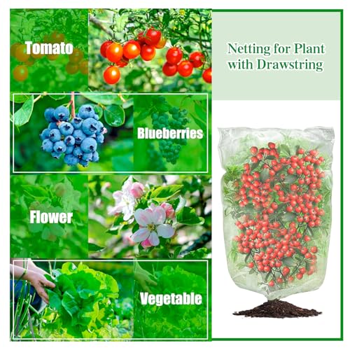 Insect Bird Barrier Mesh, Garden Netting Barrier, Bird Netting, Netting for Plant with Drawstring, 3.5 x 4.6 FT Tomato Protective Cover, Large Potted Fruit Protectors Cover for Blueberry Bushes