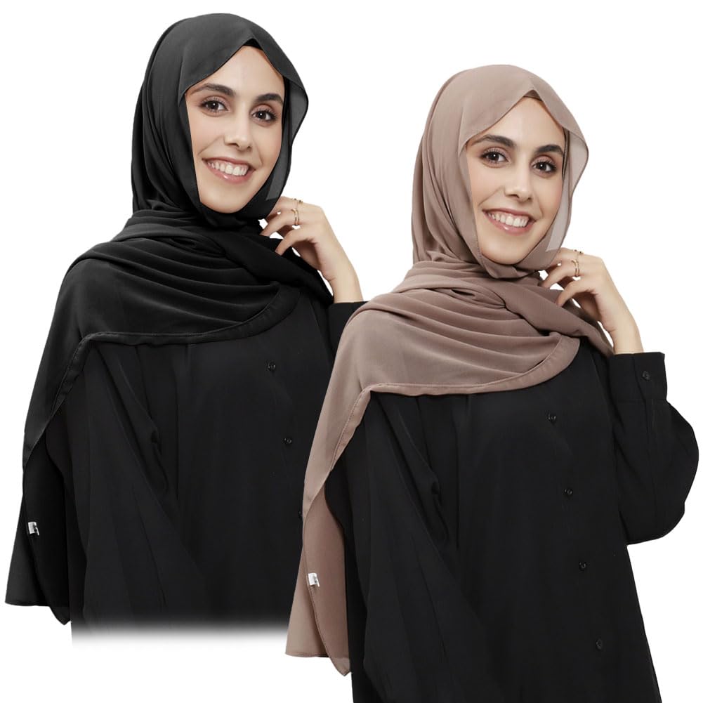 Lot de 2 hijab instantanés en mousseline de soie pour femme avec aimant intégré et bonnet cousu sous l'écharpe
