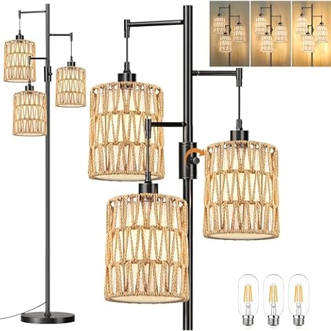 ZECOXOL Boho Floor Lamp for Living Room Bedroom-3 Light Dimmable Floor Lamp with Three Led Bulb, Rustic Tall Lamp Black Standing Lamp Tree Floor Lamp for Living Room Bedroom,Office,Corner Cover