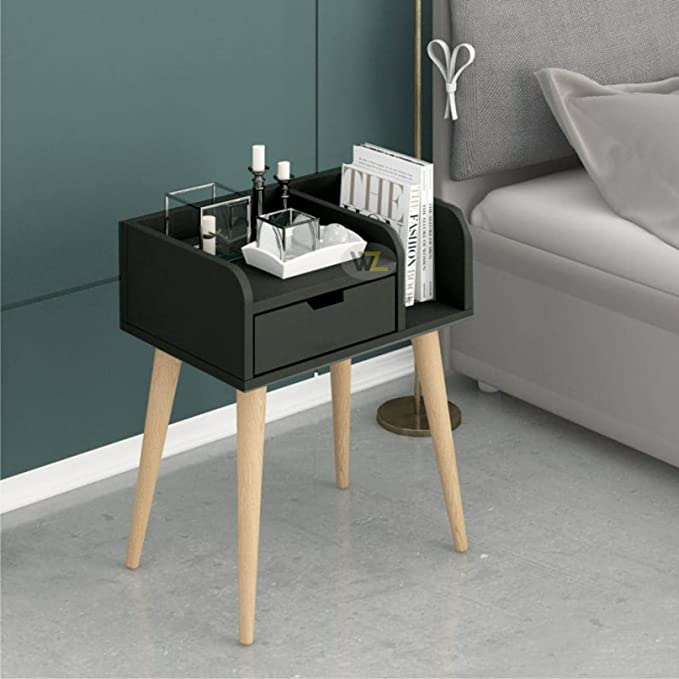 Image of Mid-Century Modern Bedside Table with Solid Wood 4 Legs Table Nightstand for Living Room /Bedroom, Home Decore Furniture, Kids Room etc (Black)