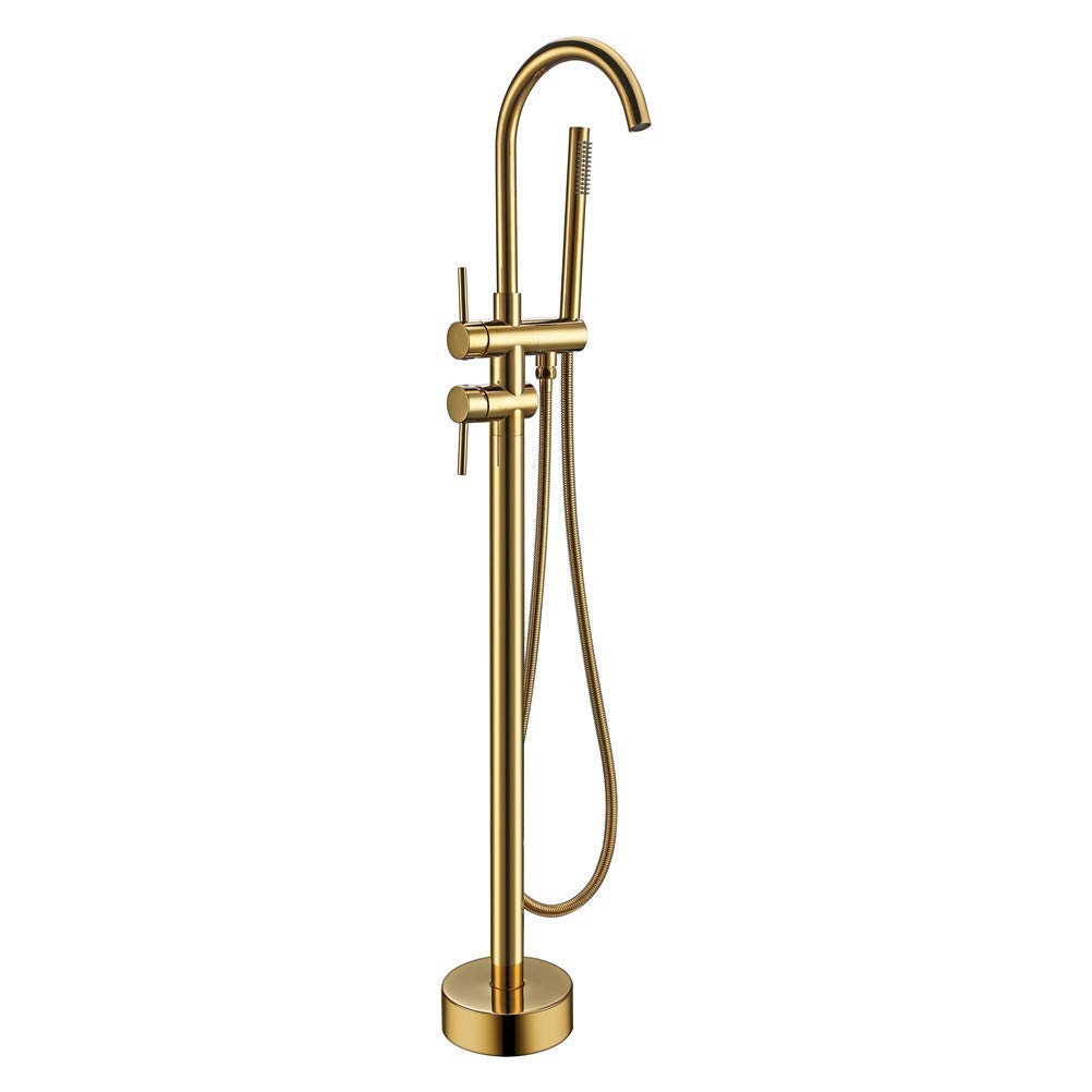 CWCQGH Bathtub Floor Mounted Standing Bathtub Faucet Gold Round Spout Bath Mixer Tap Floor Mounted Bathtub Filler Shower Tub Faucet Set, Gold,Gold