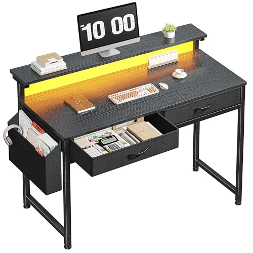 Image of DurayLoly Gaming Desk with LED Lights & 2 Fabric Drawers, 39.4Inch Home Office Computer Desk with Side Pocket & Ergonomic Monitor Stand, Small Space Study Writing Table with Anti-Tip Design,Black