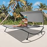 Funny Sunny Outdoor Double Chaise Lounge Bed with Canopy & Headrest Pillow, Patio Portable Leisure D