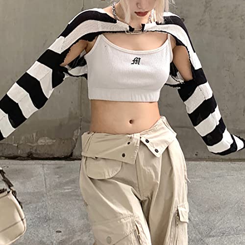 PICPUNMAK Women Grunge Crochet Knit See Through Crop Tops Cover Up Shrug Long Sleeve Crew Neck Casual Cropped Smock Top4