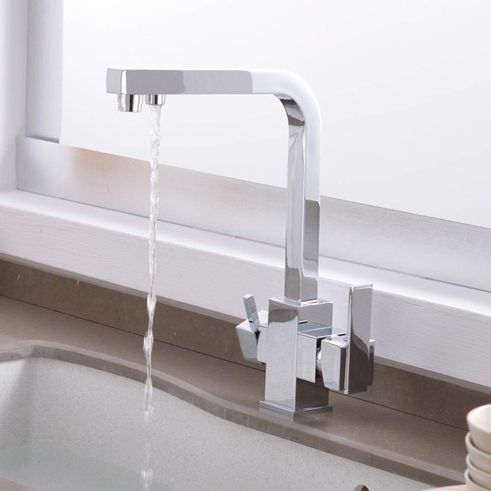 Verchromte 3-Wege-Küchenarmatur mit Wasserfilter, Doppelauslauf für Warm- und Kaltwasser, 360° schwenkbarem Auslauf und Doppelgriff, Küchenarmatur mit Filter für die Untertischmontage