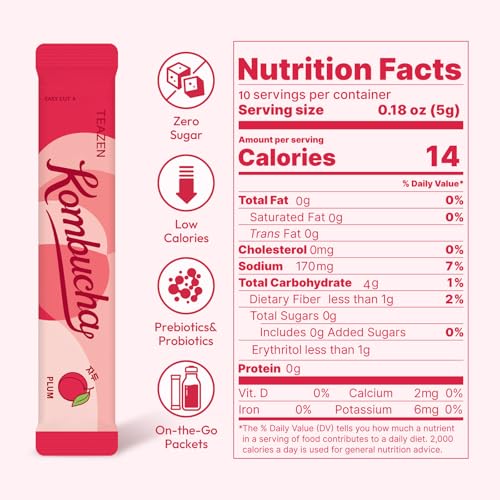 Image of TEAZEN Plum Flavored Kombucha Tea, Hydration Drink Mix, Sugar Free, Live Probiotics & Prebiotics, 10 Sticks, 1.76oz