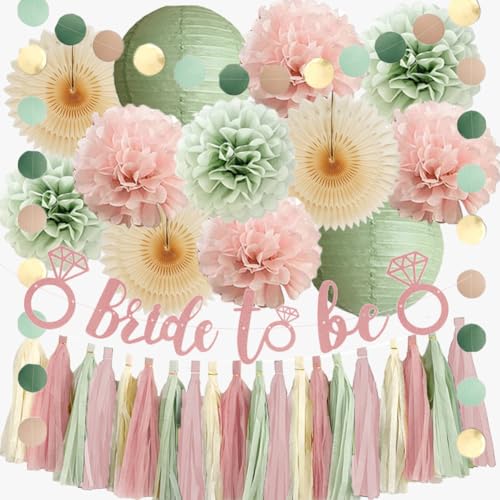 Image of Dusty Pink and Sage Green Bridal Shower Decorations Boho Pastel Bride to Be Sage Green and Blush Pink Bridal Shower Decorations Dusty Rose Bachelorette Party Beige Fans Poms with Cream Tassel Garland