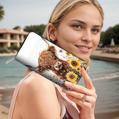 Image of RFID Blocking Leather Wallet for Women - Large Capacity Zip Around Clutch with 8 Card Slots,41 Cash Pockets & Coin Zipper,Sunflower Highland Cattle