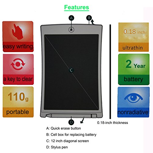 Multipurpose LCD e-Writing Board, Also Inkless Drawing/Memo Pads or Paperless Noting/Planning Boards (12-inch, Black)