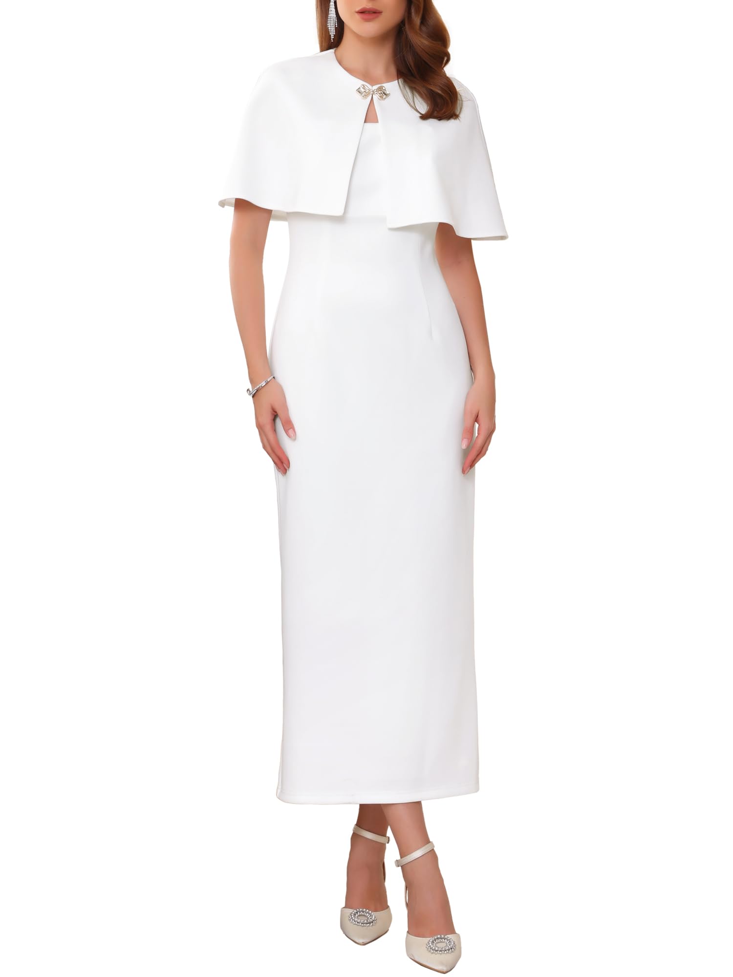 Women's 2 Piece Formal Suit Sets 2025 Elegant Cocktail Wedding Guest Sheath Dress with Cape-image-34
