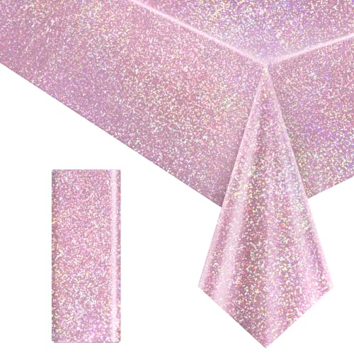 Image of Just Shimmer Light Pink Holographic Tablecloth 40 x 108, 1 Pack Iridescent Shiny Plastic Table Cover for Girls Birthday, Baby Shower, Bridal Shower, Princess and Bachelorette Party Decorations