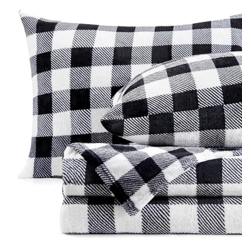 Image of BEDELITE Fleece Sheets Queen Size Bed Set, Luxury Black and White Plaid Winter Bedding Set, Super Soft & Warm Fuzzy Flannel-Like Sheets 4 Piece(Include Fitted Sheet, Flat Sheet, 2 Pillowcases)