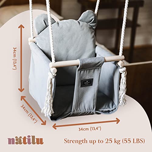 NATILU® Babyschaukel Set mit Sicherheitsgurt Haken Ringe Bär Grey Velvet | Schaukel Baby Indoor Outdoor | Kinderschaukel… – Bild 6