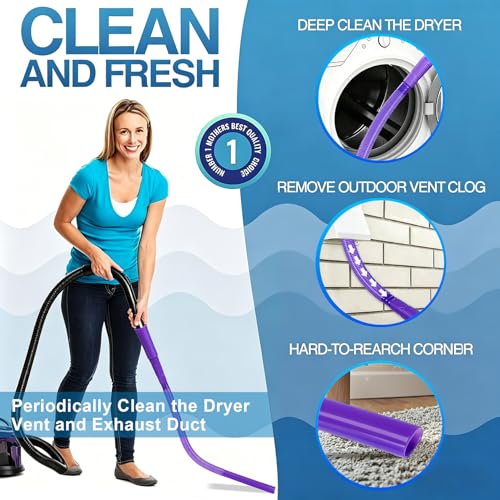Image of 3 Pieces Dryer Vent Cleaner Kit: Vacuum Hose With Brush & Gloves Fits for Vacuums Cleaner, Refrigerator Condenser Coils, Tight Spaces Behind Appliances, Deep Cleaning Tools for Clogged Ducts- Purple