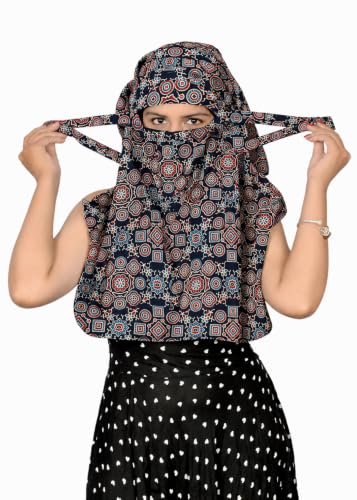 Image of Scarf Face Full Covering With Mask Head Hair Wrap Sun Protection For Women Cotton Printed Square All Season Wear