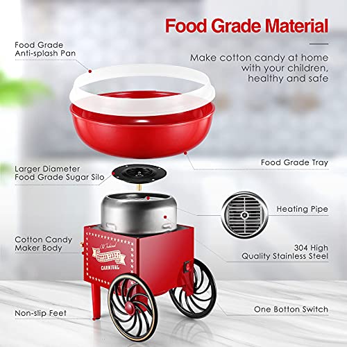 Cotton Candy Machine For Kids,Cotton Candy Sugar Floss Maker With Red Vintage Design,Homemade Candy Sweets For For Birthday Parties,Includes 10 Candy Cones & Scooper,Food Grade Material #TOP3