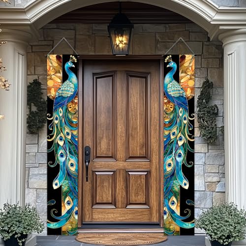 Image of BlissYard 2pcs Stained Glass Peacock Porch Banners Elegant Home Diwali Decoration Peacock Door Banner Seasonal Peacock Decor for Diwali Banner Holiday Hanging Front Door Cover for Porch Patio Garden