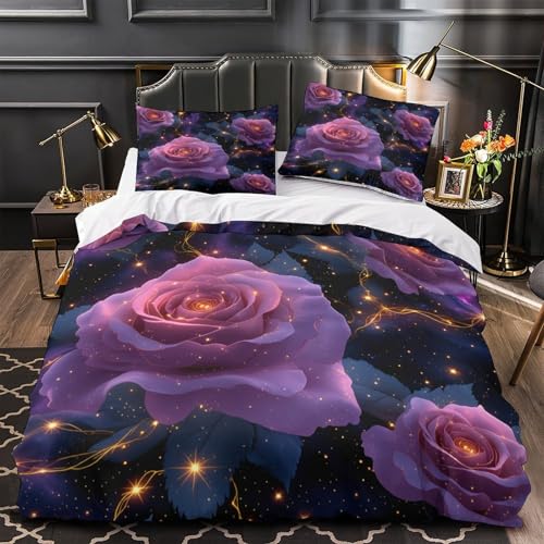 Parure de lit microfibre 140x200cm imprimé roses violettes 3D - 2