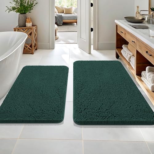 Image of OLANLY Bathroom Rugs Sets 2 Piece, Soft Absorbent Chenille Bath Mats Set, Non-Slip, Quick Dry, Machine Washable Bath Mats for Bathroom, Home Decor Accessories (36 inchx24 inch+30 inchx20 inch, Blackish Green)