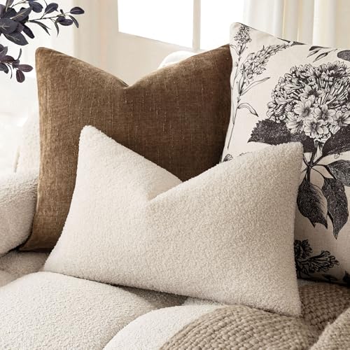 Image of Foindtower Pack of 2, Curly Faux Fur Decorative Throw Pillow Covers Soft Fuzzy Plush Cushion Case with Zipper Cozy Pillowcase for Home Living Room Couch Bed Sofa 12 x 20 Inch,Light Ivory