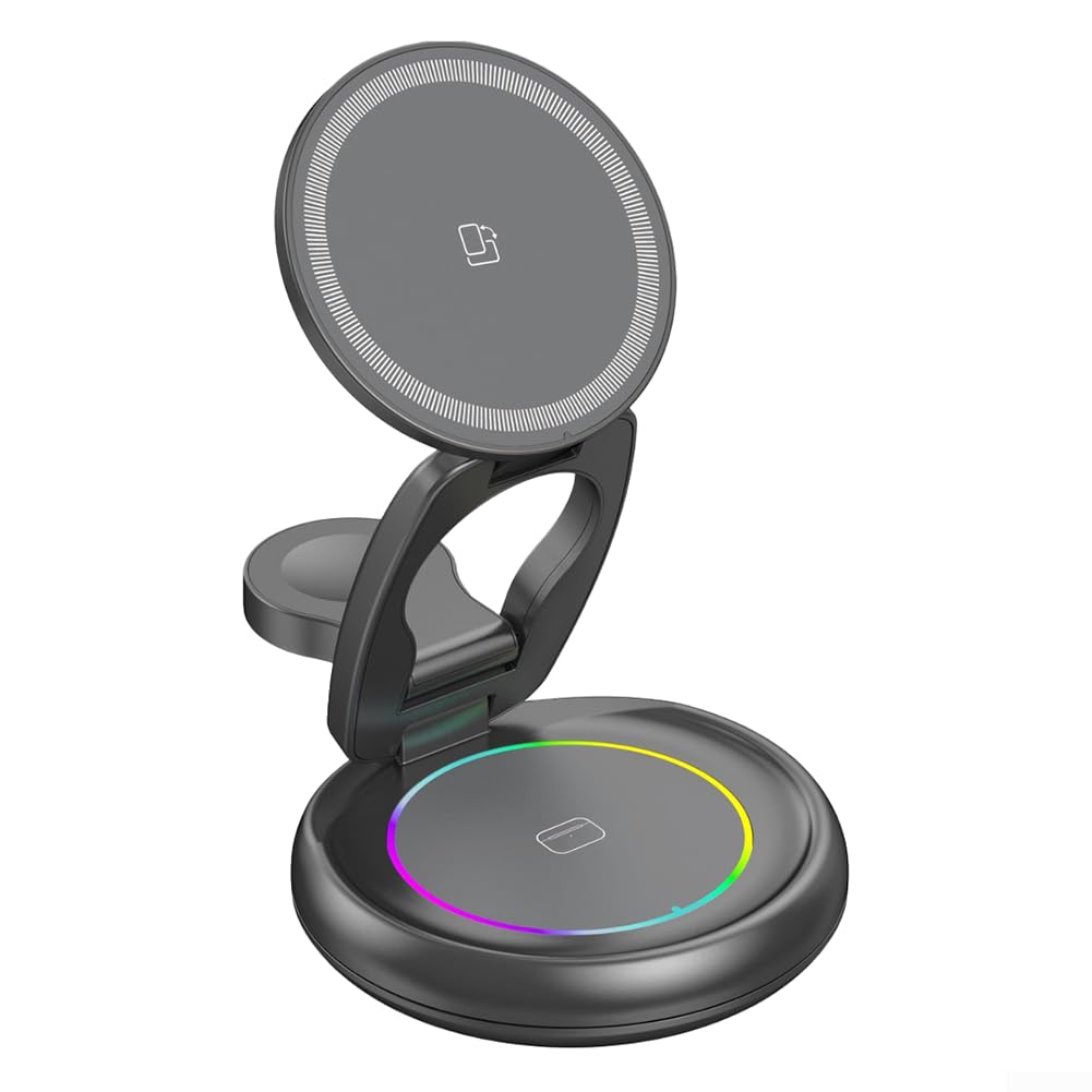 Caricatore wireless pieghevole 3 in 1 da 15 W, design dinamico regolabile per ricarica auricolari iPhone Watch (grigio)