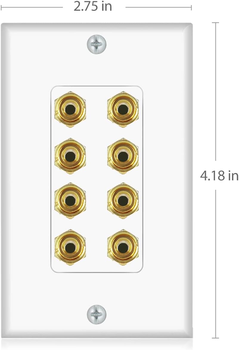 Banana Binding Post Two-Piece Coupler Inset Wall Plate for 4 Speakers Standard Single Gang White