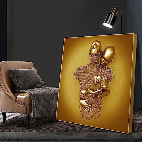 Tableau Amant Abstrait 30x30 cm | Peinture sur Toile Statue Dorée avec Cadre Intérieur
