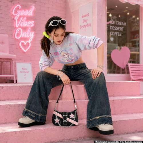 Image of Cute Y2k Purse for Women, Star Embroidery Pattern with Chain Strap Shoulder Bag, Goth Style Cute Mini Purse