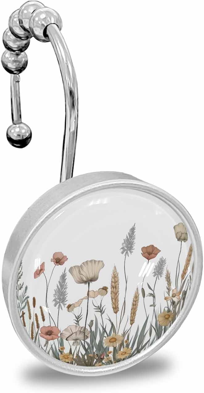 Shower Curtain Hooks 12 Pcs Fall Flowers Chrysanthemum Fern Reeds Stainless Steel Rust Proof Rolling Shower Curtain Rings, Decorative Shower Curtain Hooks Hangers for Bathroom