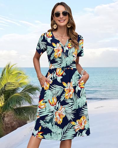 Image of WNEEDU Women V Neck Button Down Empire Waist Midi Summer Dress with Pockets