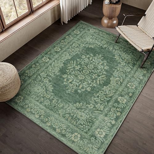 3x5 Area Rug Green Washable Office Vintage Distressed Carpet Bedroom Indoor Medallion Floral Living Room Non Slip Retro Throw Floor Mat for Dining Room Kitchen Bathroom