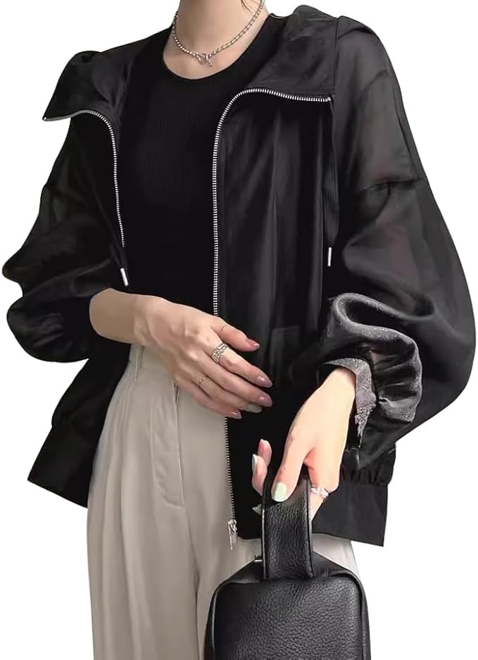 [Chiengmat] レディース UVカット パーカー 日焼け止め服 カーディガン フード付き アウター 薄手 冷感生地 日焼け防止 紫外線対策 軽量 かわいい カジュアル おしゃれ (JP, アルファベット, Free Size, ブラック)