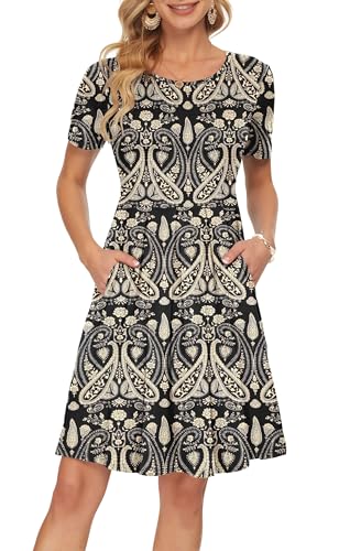 Image of AUSELILY Women's Short Sleeve Pleated Swing Summer Dress with Pockets | Knee-length short sleeve dress, empire waist & pockets, ideal for casual daily wear and vacation
