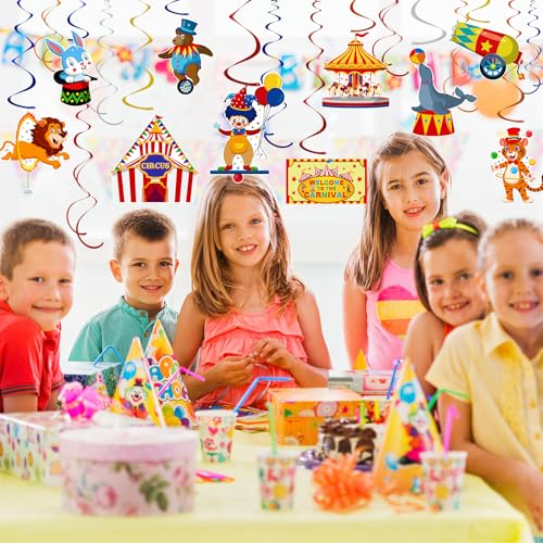 Image of 58 Pcs Carnival Circus Theme Party Decorations Circus Animal Hanging Swirl Decorations Carnival Hanging Swirl Ceiling Streamers Decor for Kids Girls Boys Birthday Baby Shower Party Supplies