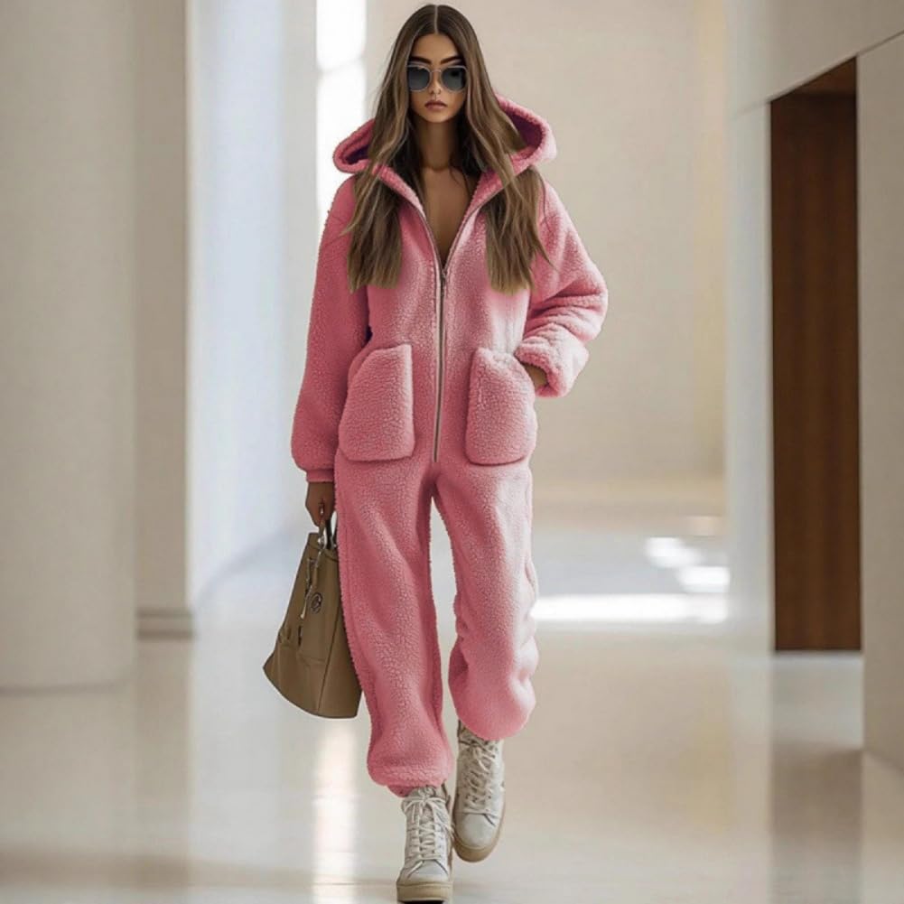 Pigiama intero da donna in pile con cappuccio, cerniera a lunghezza intera e tasche laterali per una vestibilità calda e confortevole