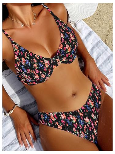 SweatyRocks Women's 2 Piece Bathing Suit Floral Print Tie Back Swimsuit Smocked High Cut Boho Bikini Set3