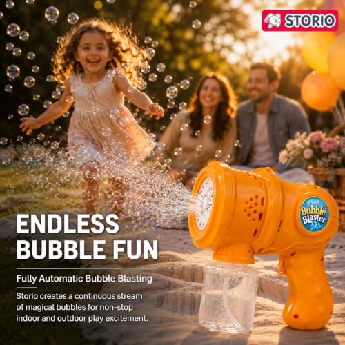 Image of Storio Automatic Bubble Gun for Kids, Rechargeable Electric Bubble Machine with Solution, One Touch Bubble Blower Toy for Indoor Outdoor Party, Gift for Toddlers Boys Girls - Orange